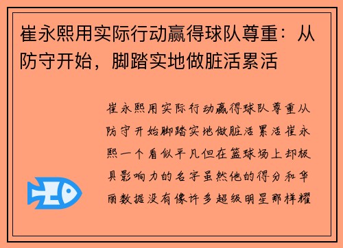 崔永熙用实际行动赢得球队尊重:从防守开始,脚踏实地做脏活累活