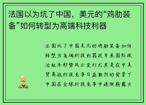 法国以为坑了中国，美元的“鸡肋装备”如何转型为高端科技利器
