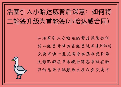 活塞引入小哈达威背后深意：如何将二轮签升级为首轮签(小哈达威合同)