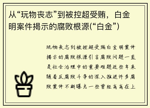 从“玩物丧志”到被控超受贿，白金明案件揭示的腐败根源(“白金”)