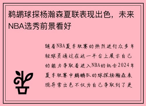 鹈鹕球探杨瀚森夏联表现出色，未来NBA选秀前景看好