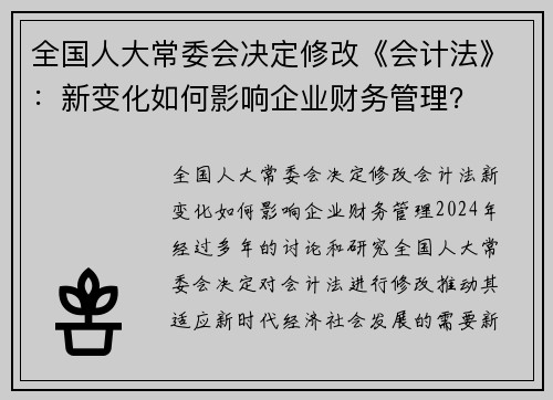全国人大常委会决定修改《会计法》：新变化如何影响企业财务管理？