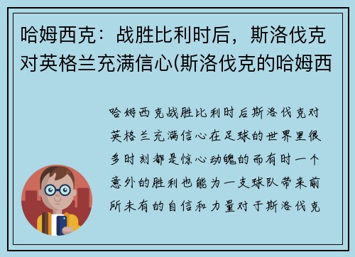 哈姆西克：战胜比利时后，斯洛伐克对英格兰充满信心(斯洛伐克的哈姆西克)