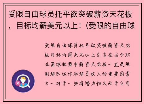 受限自由球员托平欲突破薪资天花板，目标均薪美元以上！(受限的自由球员)