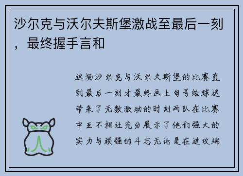 沙尔克与沃尔夫斯堡激战至最后一刻,最终握手言和