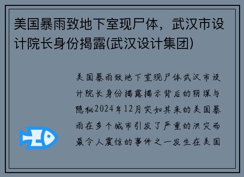 美国暴雨致地下室现尸体,武汉市设计院长身份揭露(武汉设计集团)
