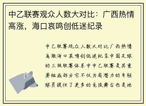中乙联赛观众人数大对比：广西热情高涨，海口哀鸣创低迷纪录