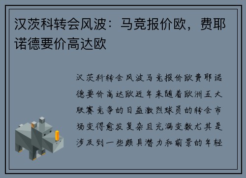 汉茨科转会风波:马竞报价欧,费耶诺德要价高达欧